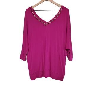 Lane Bryant Magenta Pink Purple Embellished Neckline 3/4 Dolman Sleeve 14 / 16